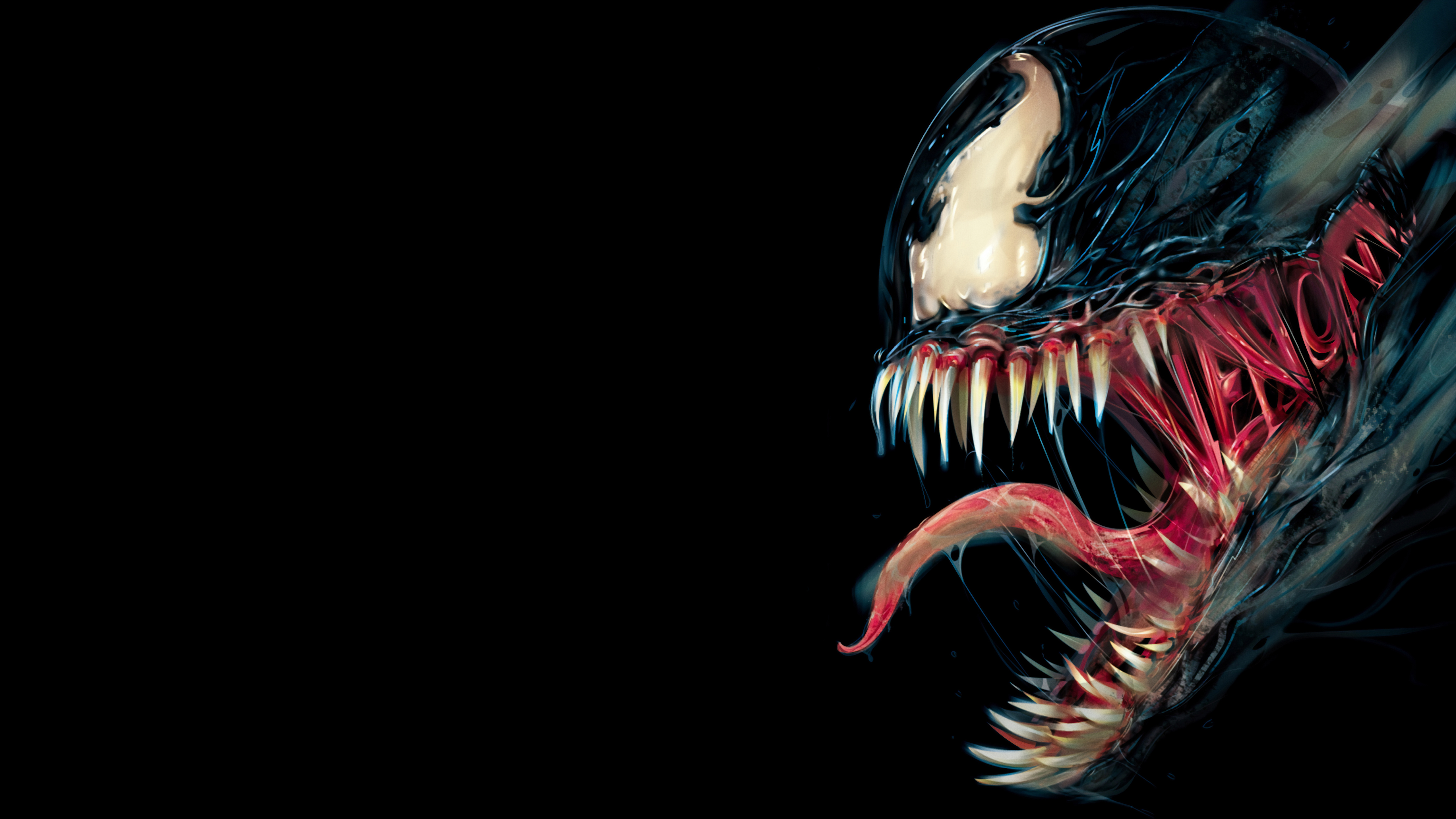 Close-up of Venom's head with sharp teeth and long tongue against a black background