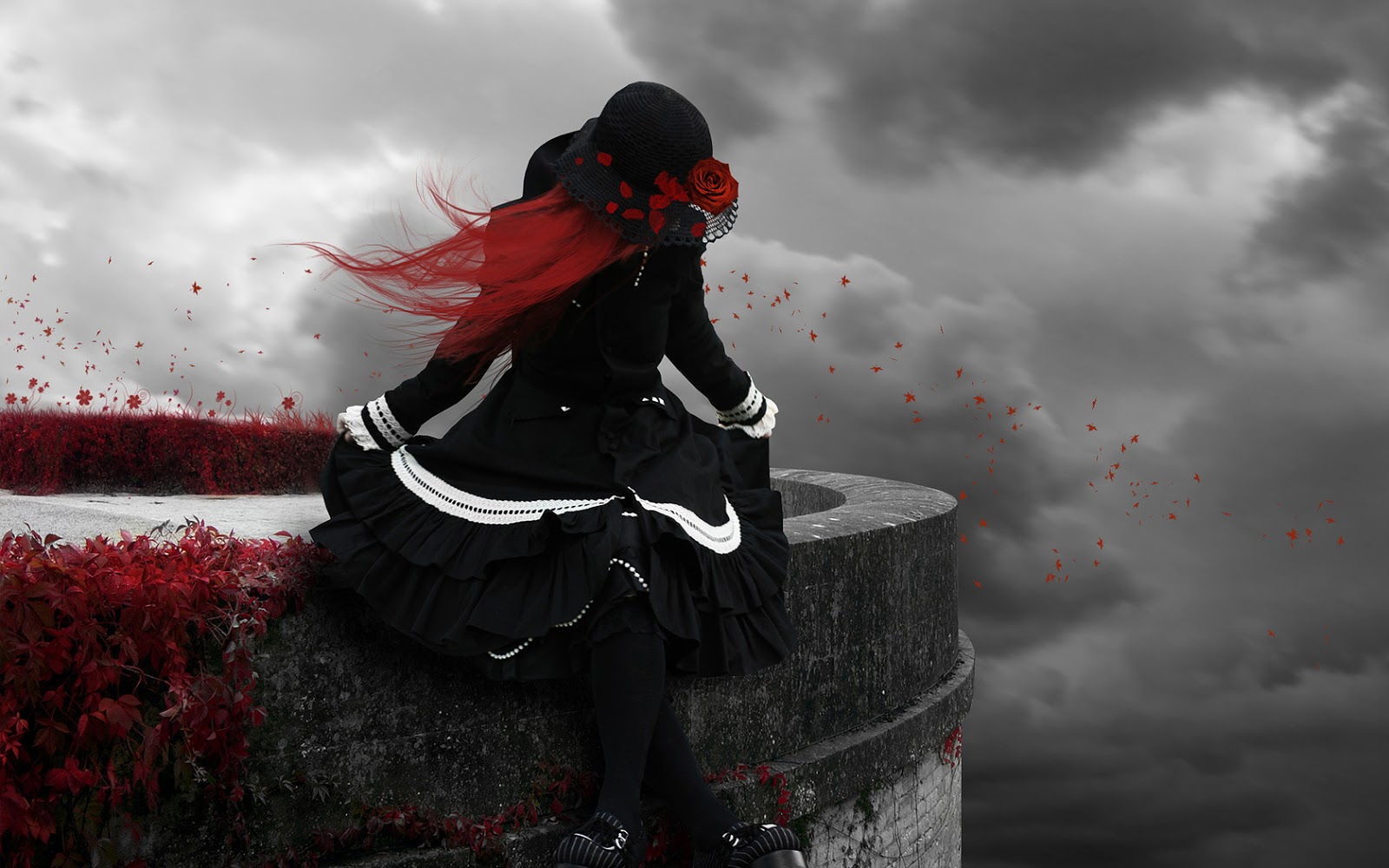 Gothic meisje in zwarte jurk en met rood haar HD gothic wallpaper
