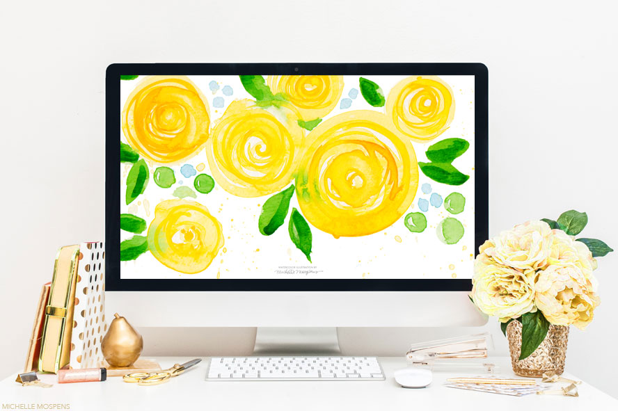 Yellow watercolor flowers computer wallpaper download by artist