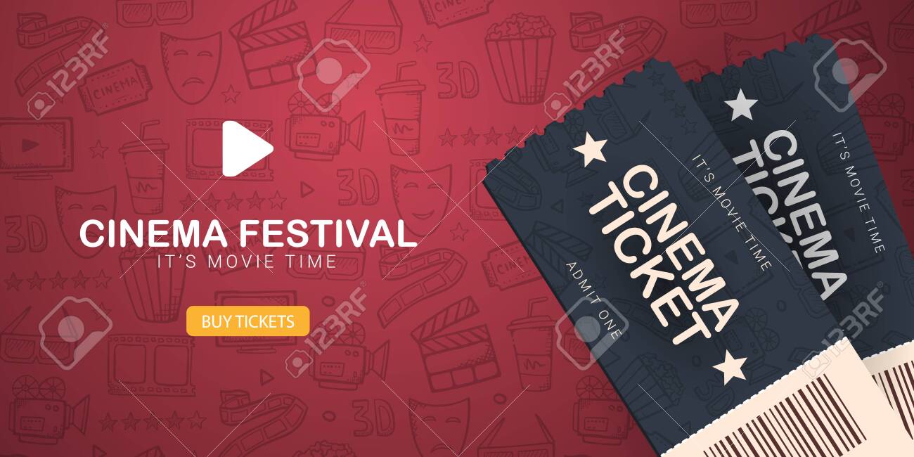 Cinema Festival Banner With Tickets Hand Draw Doodle Background