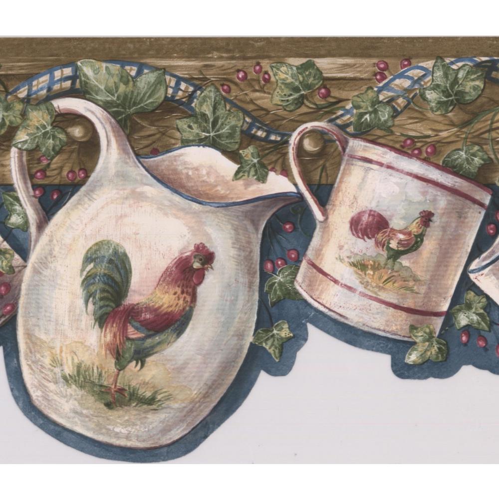Retro Art White Cup Kettle with Rooster Hanging on Hooks Red
