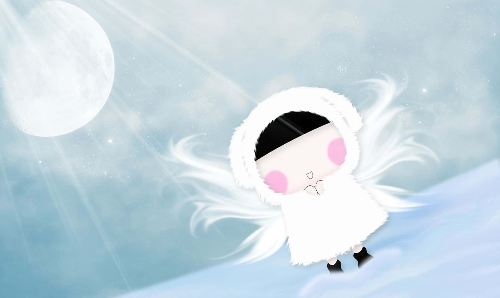 A cute cartoon snow angel with fluffy white wings flies against a backdrop of a bright moon and a light blue sky. Perfect for a winter or holiday-themed wallpaper