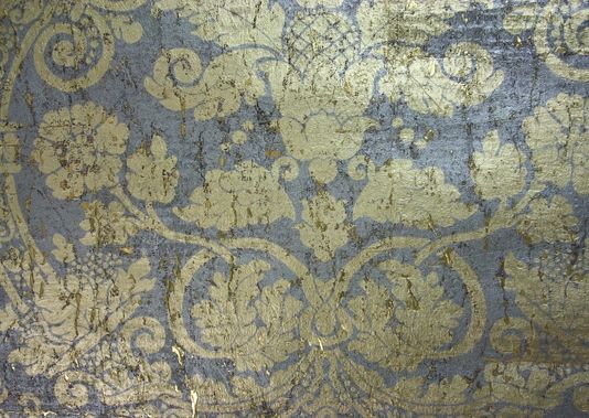 Distressed Wide Width Wallpaper With A Metallic Gold Damask Print