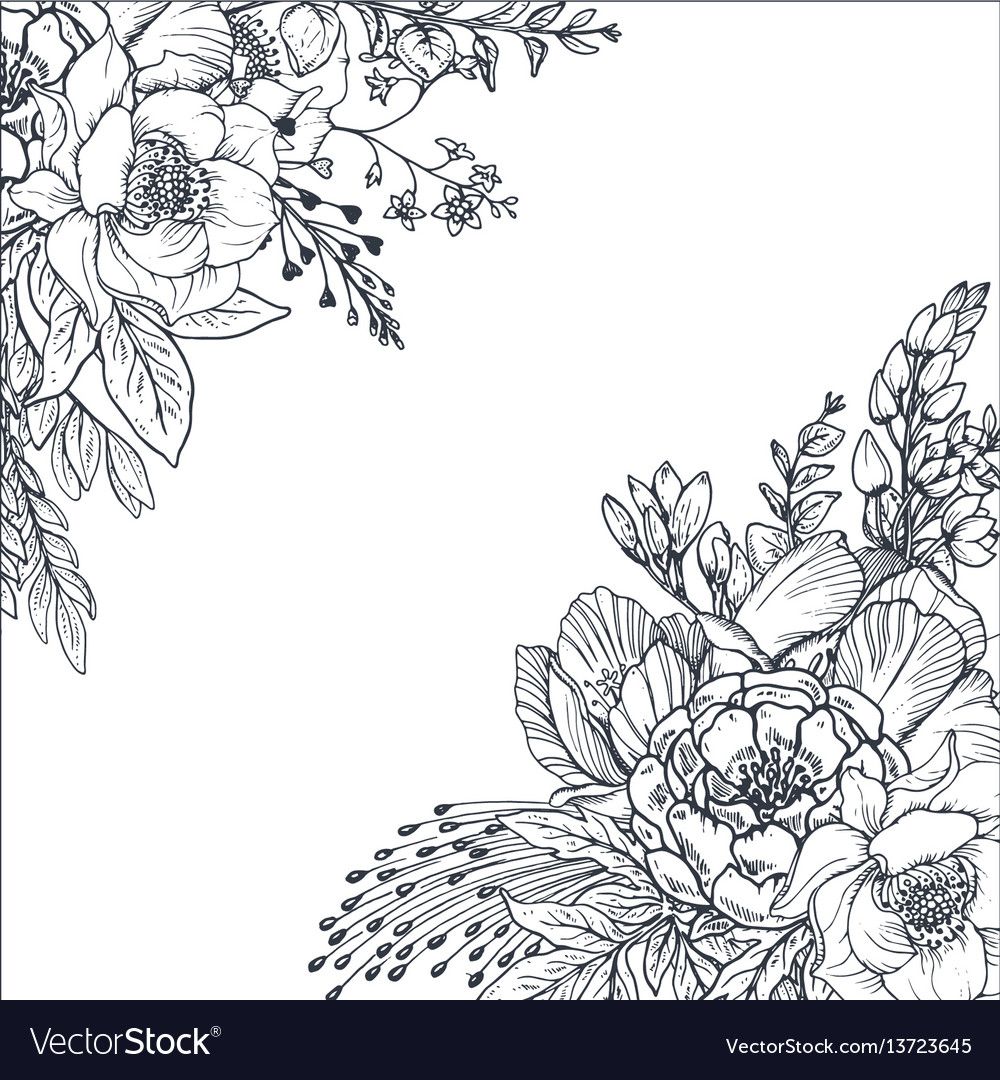 Floral Background With Hand Drawn Flowers And Plants Monochrome