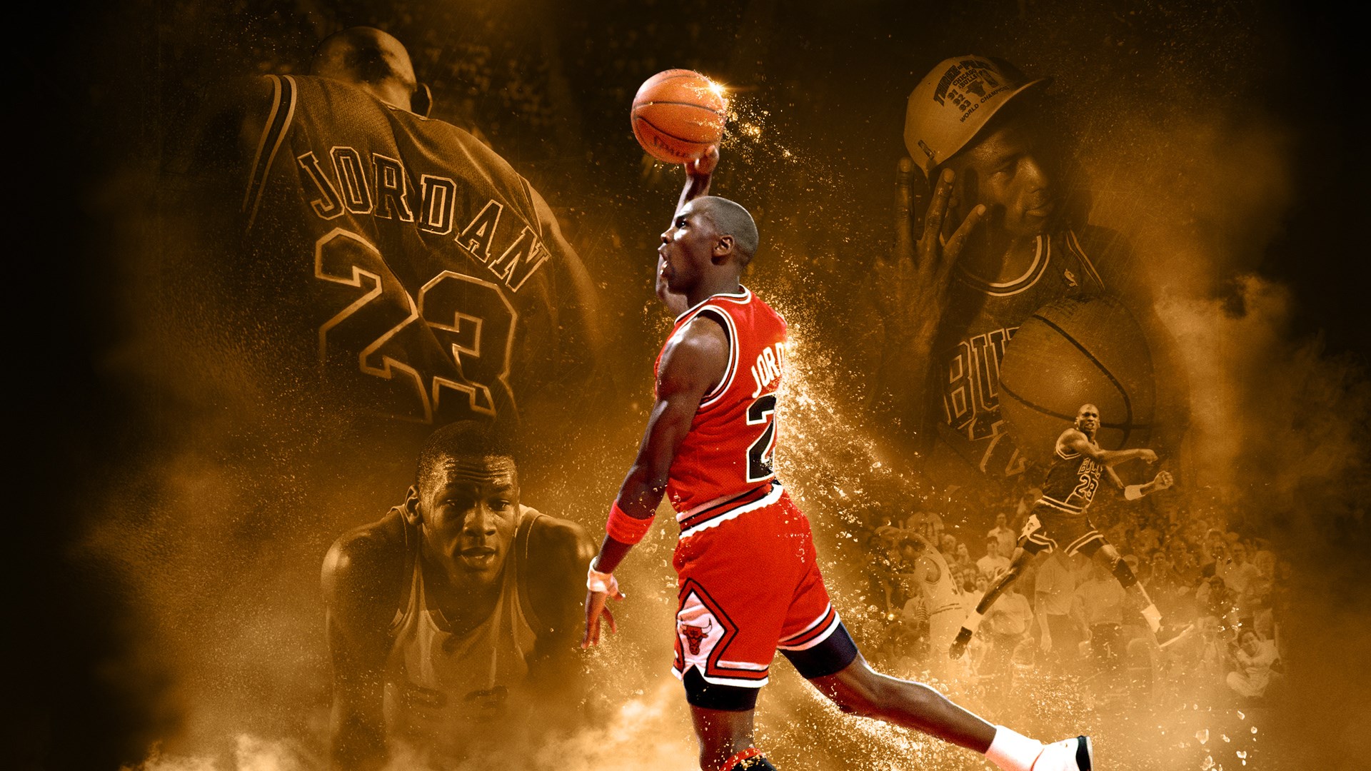 Michael Jordan performing a slam dunk in a Chicago Bulls jersey, surrounded by iconic images from his career