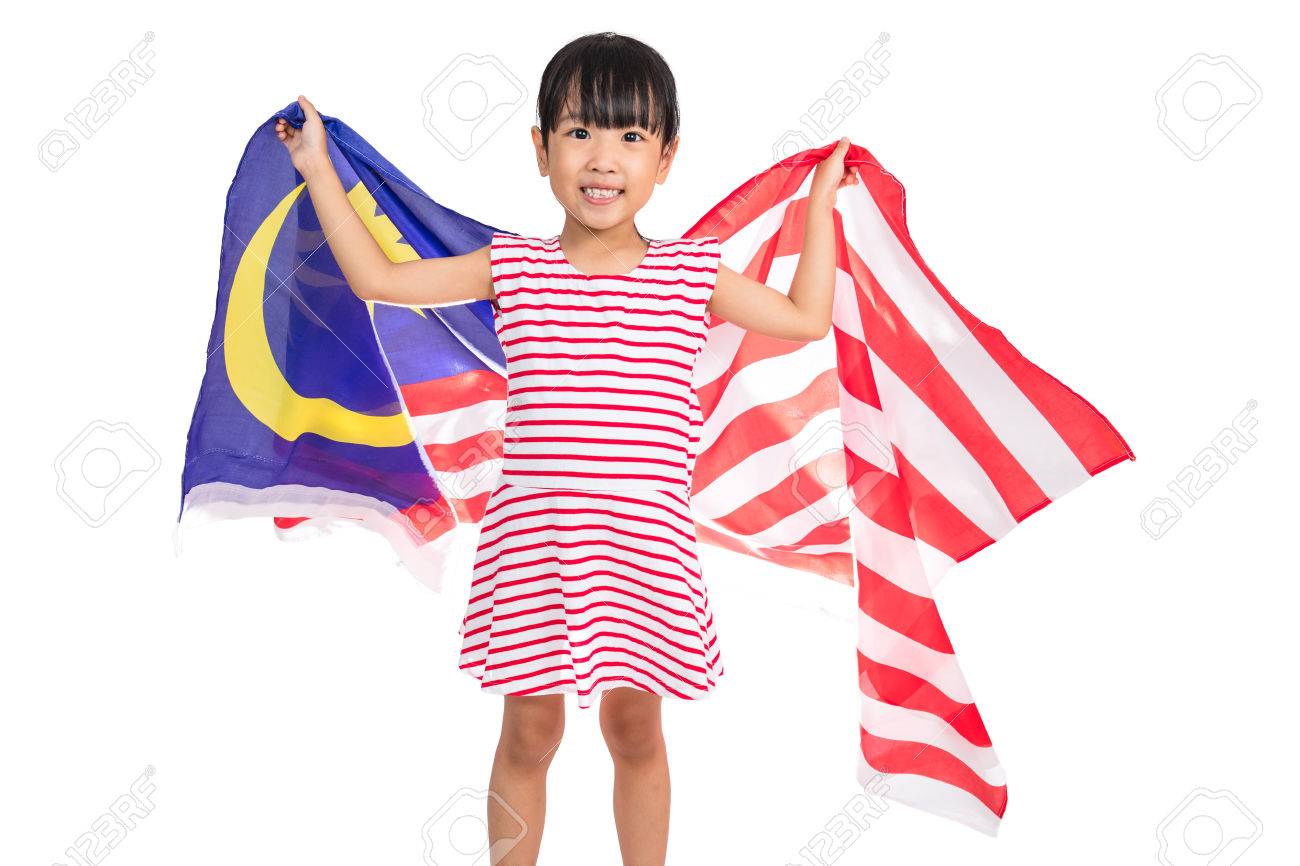 Asian Chinese Little Girl With Malaysian Flag In Isolated White