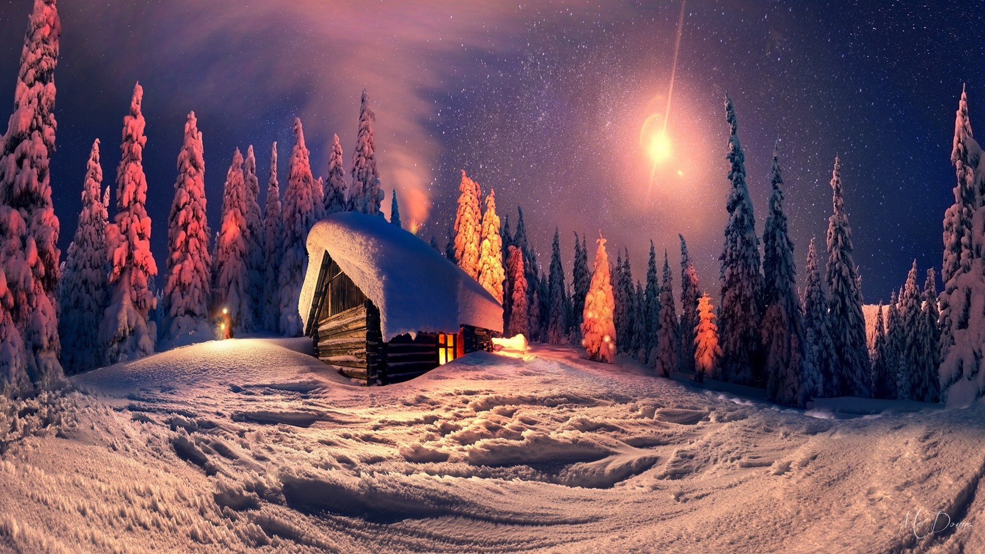 A cozy wooden cabin nestled in a snowy forest at night, lit by a warm glow and surrounded by snow-covered trees under a starry sky