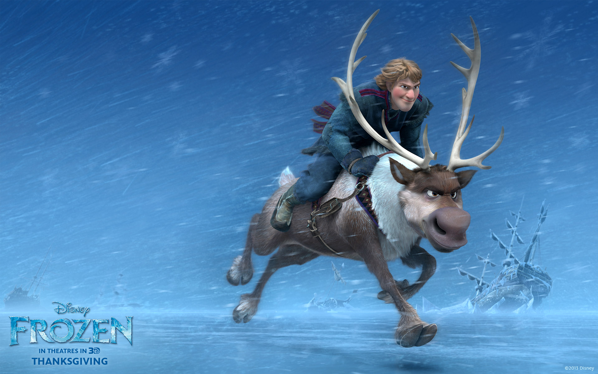 Kristoff riding Sven through a blizzard in Disney's Frozen