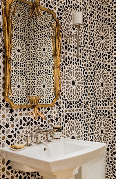 Bathroom in Schumacher Wallpaper Nasrid Palace Mosaic in Mica Jill