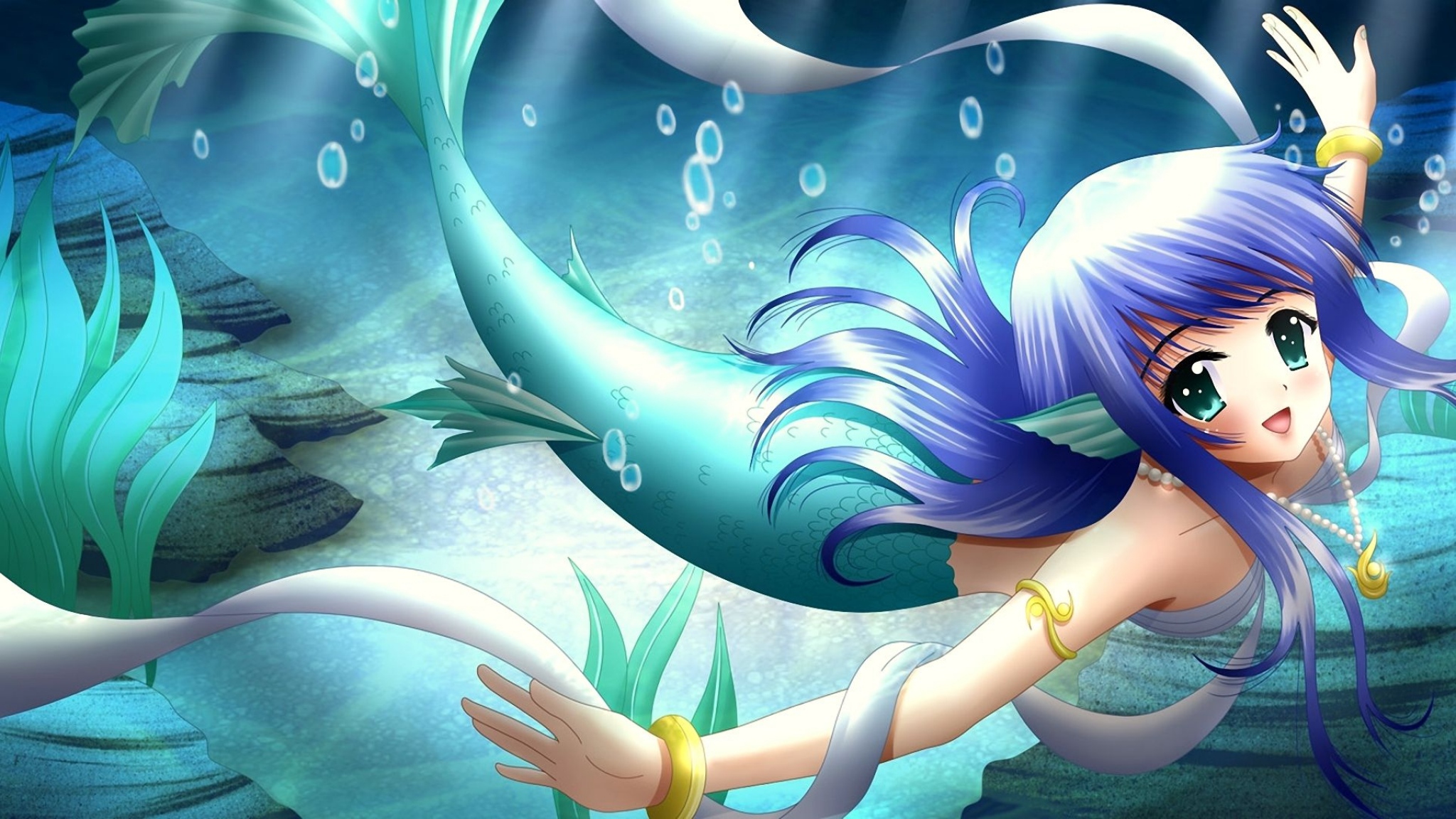 Download Wallpaper 2048x1152 anime girl mermaid tail smile HD HD