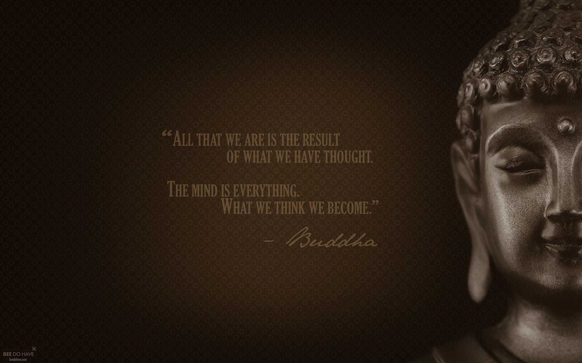 A serene close-up of a Buddha statue with an inspirational quote about the power of thought