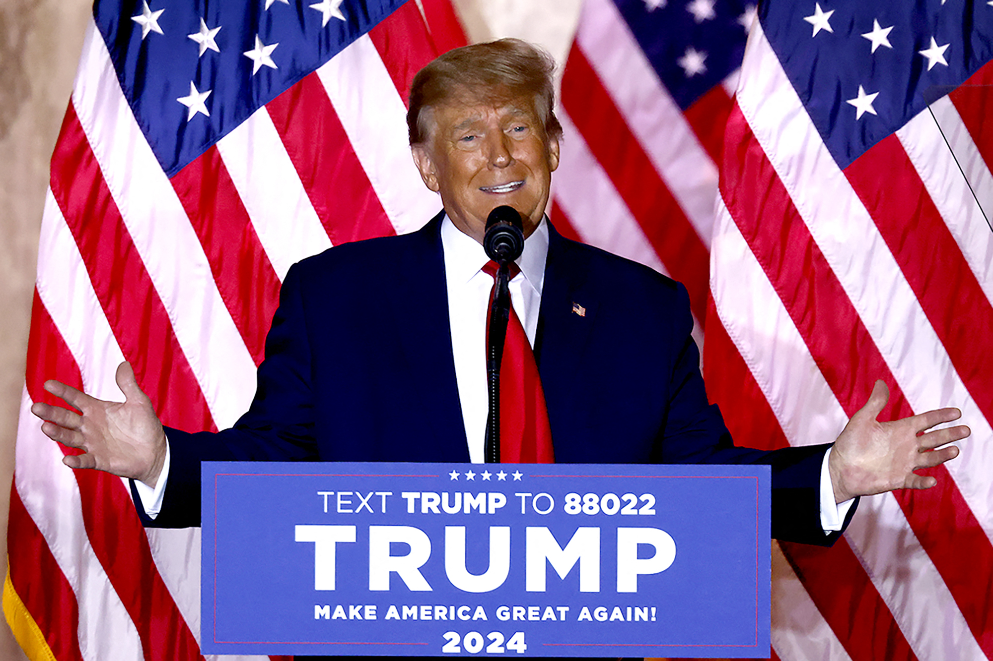 Donald Trump speaking at a 2024 presidential campaign event