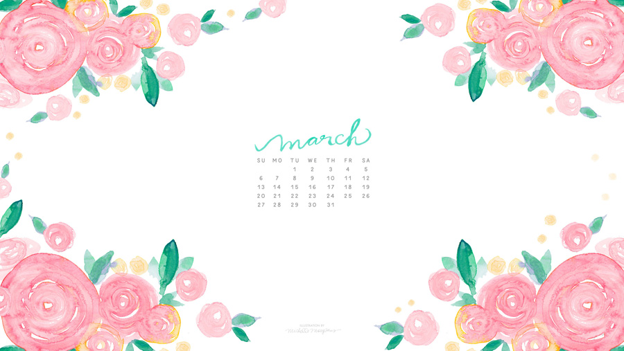  March Watercolor Floral Calendar Download for your computer desktop 900x507