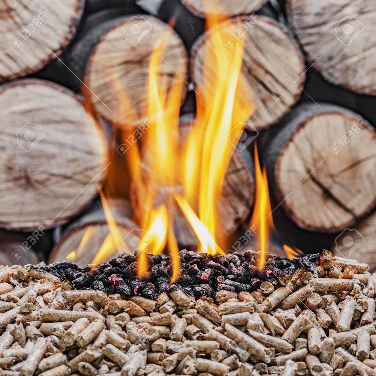Burning Wood Pellet Trunks Background Stock Photo Picture And