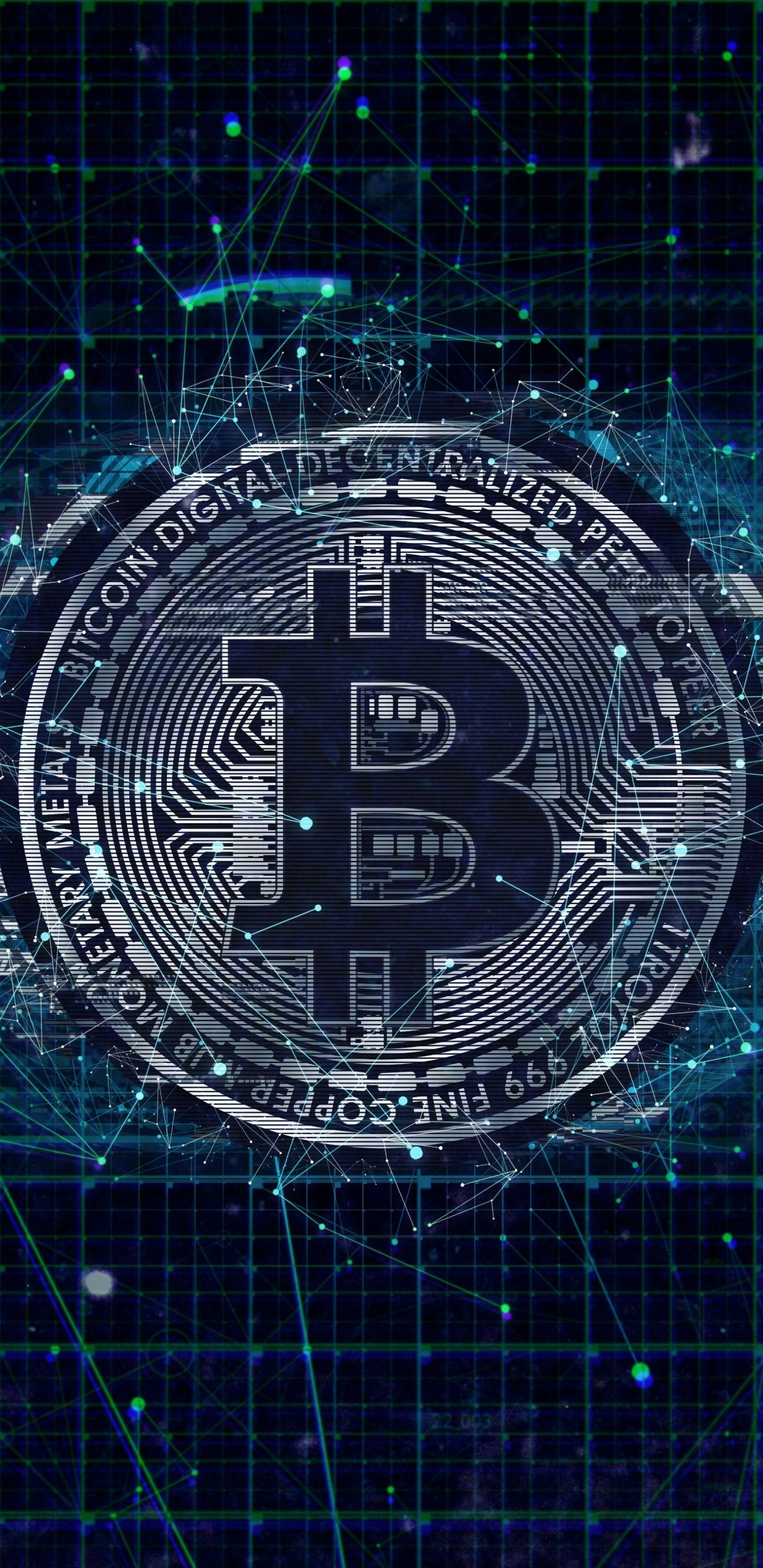 Bitcoin cryptocurrency coin on a dark, abstract technological background. 4K wallpaper