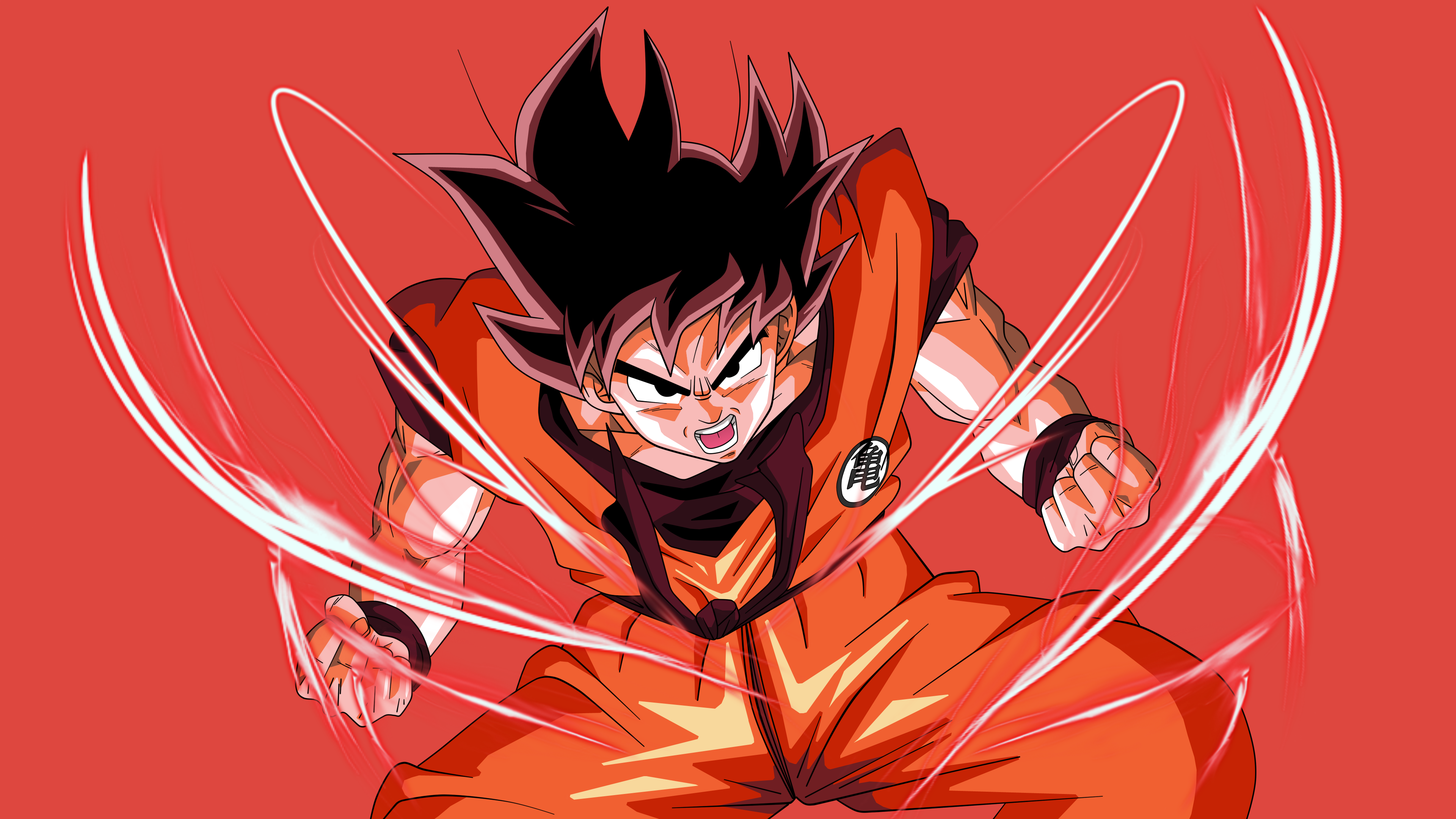 Goku powering up, surrounded by red energy streaks, against a vibrant orange background