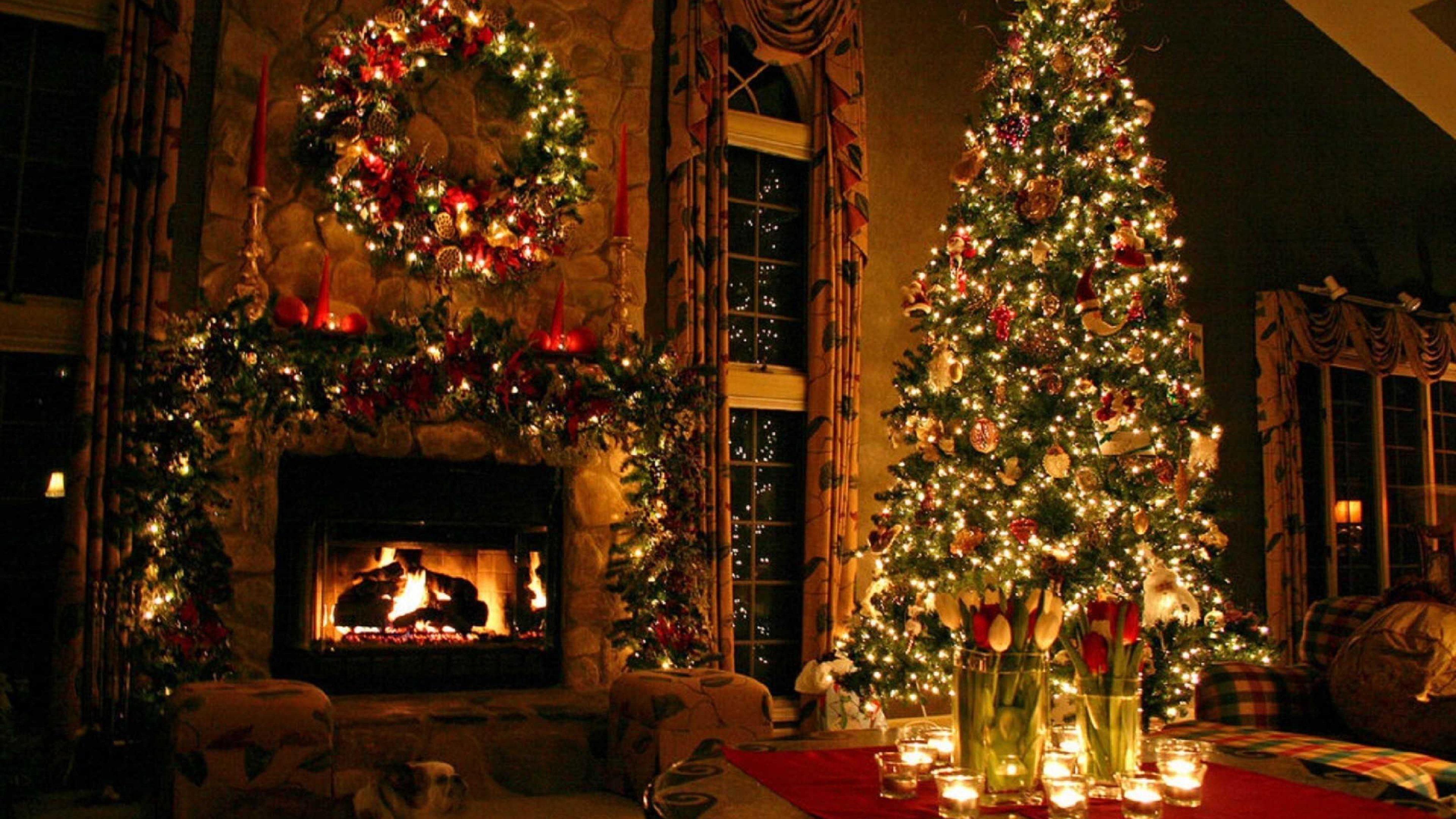 A cozy Christmas scene with a decorated tree, fireplace, and warm lighting