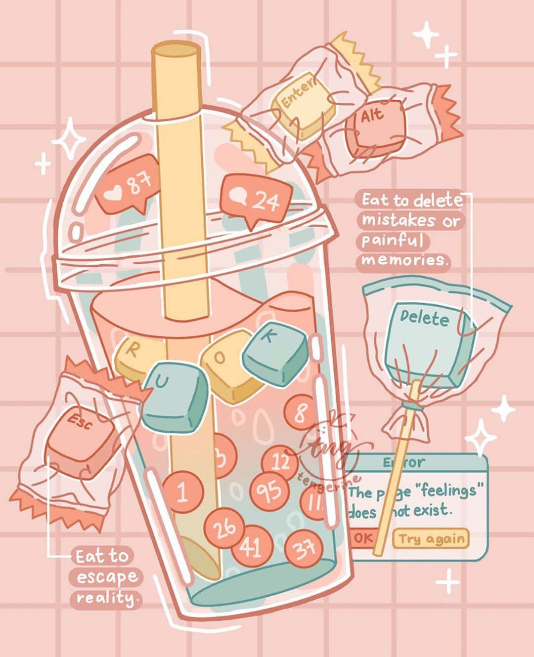 A preppy, pastel pink illustration of a boba drink filled with computer keys, keyboard shortcuts like 'Esc', 'Enter', and 'Alt' as candy, and pop-up messages like 'Eat to escape reality' and 'The page 