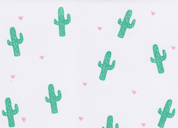 Cute Handmade Greeting Card Cactus Illustrated With Tiny Hearts