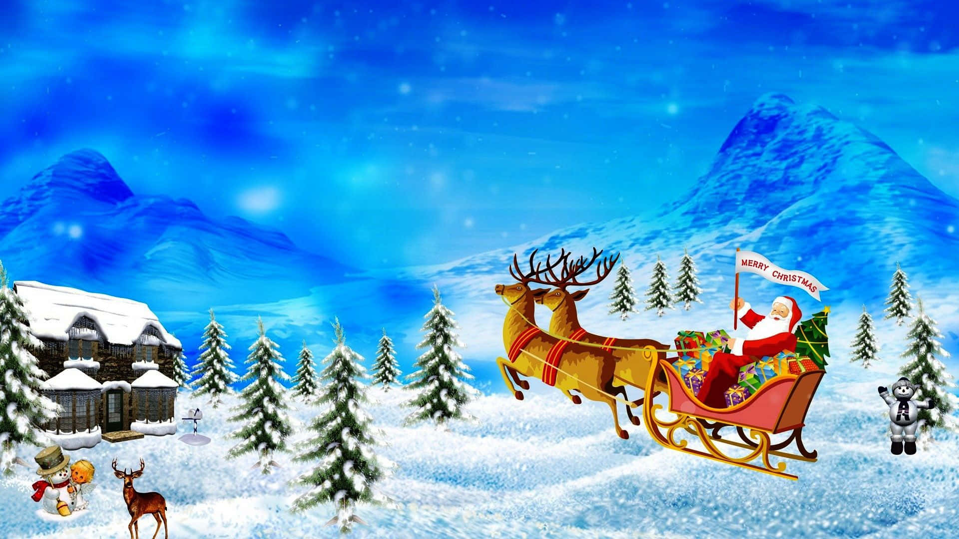 Santa Claus flying his sleigh with reindeer in a snowy Christmas landscape