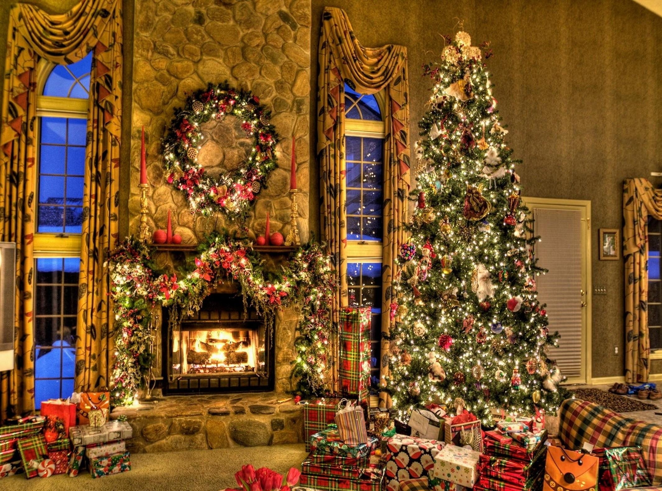 Christmas Tree And Fireplace Wallpaper Pictures Pics Photos
