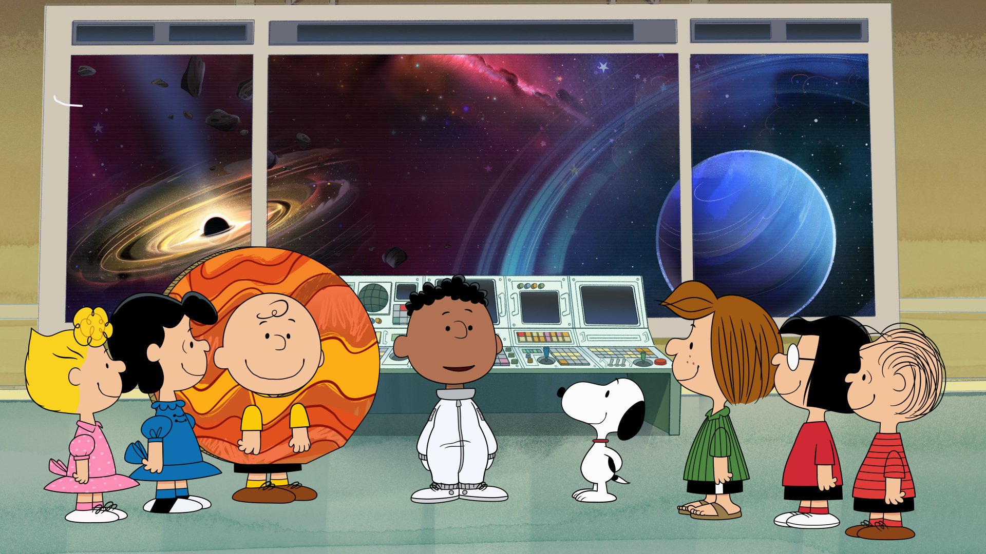 Snoopy and the Peanuts gang in space suits, exploring the cosmos and standing before a large viewing window displaying a vibrant nebula, planets, and a black hole. This colorful 4K wallpaper captures the Peanuts' adventurous spirit and love for space