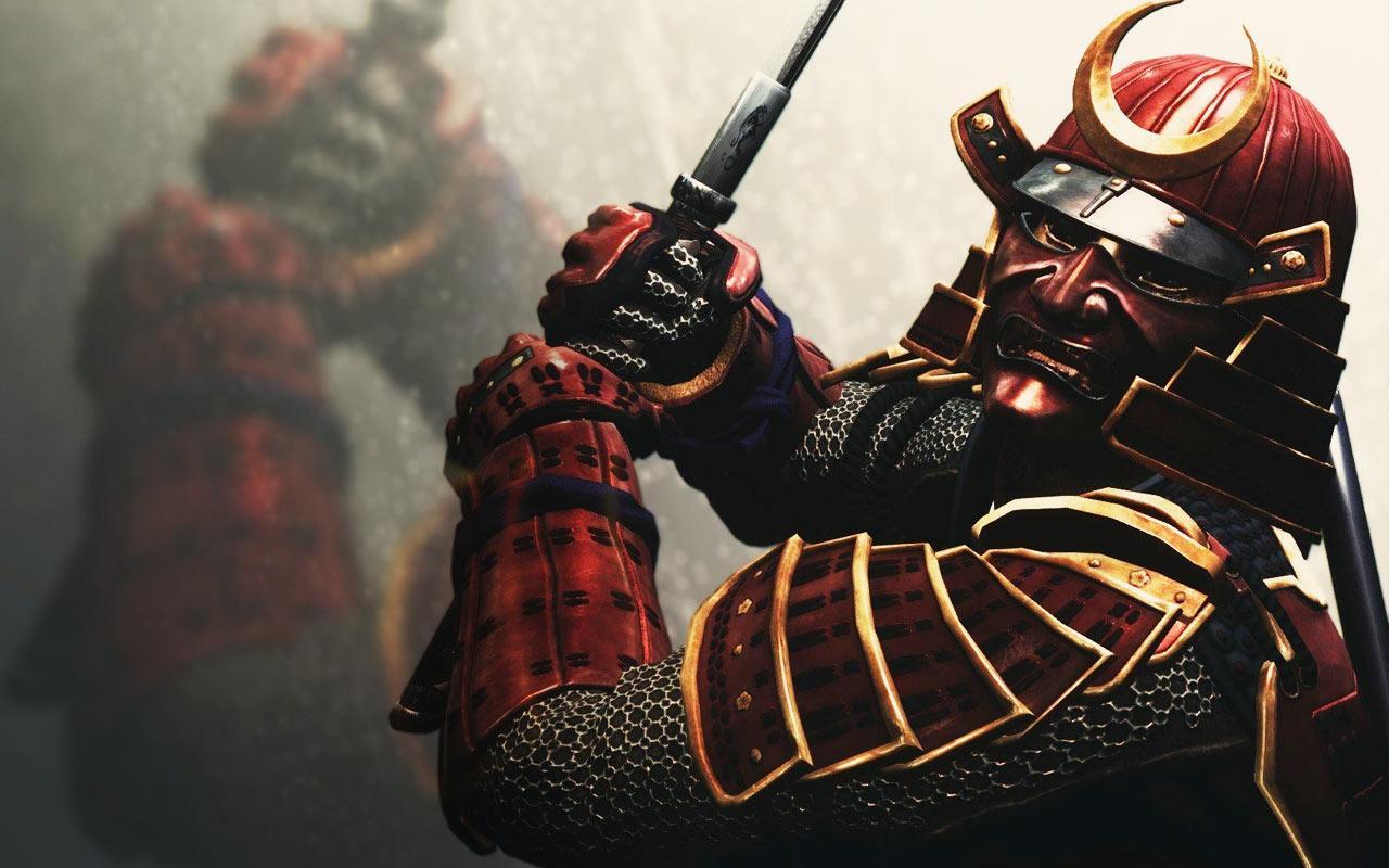 A fierce samurai warrior in traditional red and gold armor, wielding a katana with a determined expression. The background features a subtle, hazy effect, adding to the dramatic atmosphere