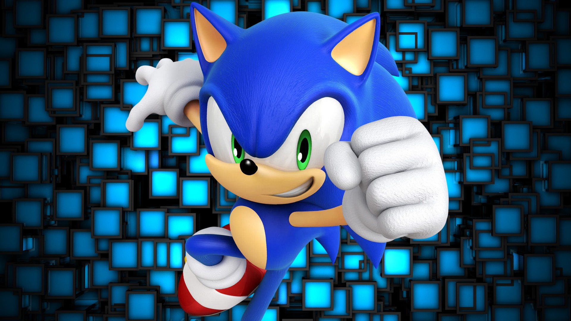 Sonic the Hedgehog in action, set against a backdrop of glowing blue squares