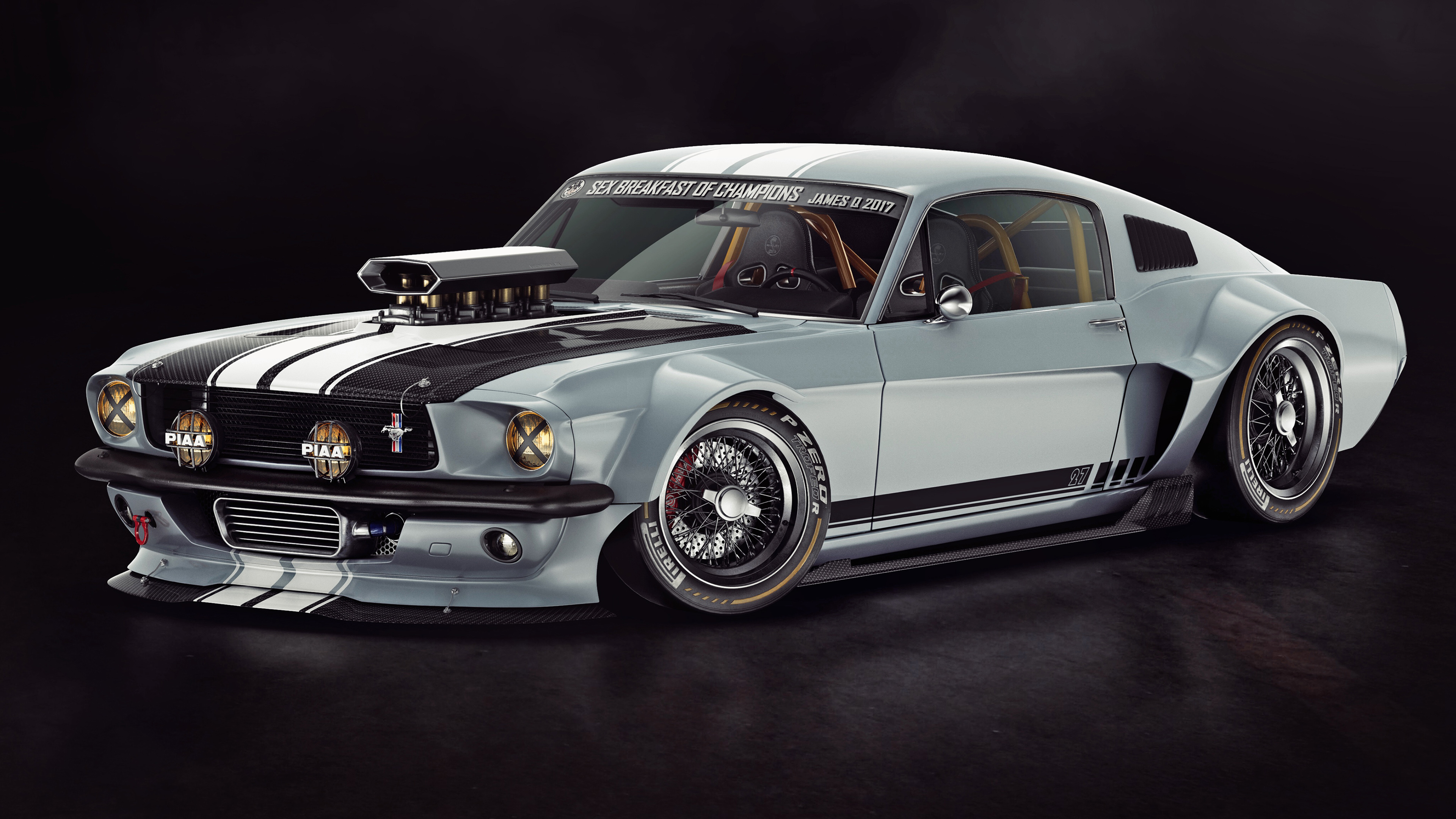 A customized Ford Mustang fastback, possibly a 1967 or 1968 model, with performance modifications and a sleek silver paint job. The car features racing stripes, aftermarket wheels, and a large hood scoop. This image is perfect for Mustang enthusiasts and car lovers