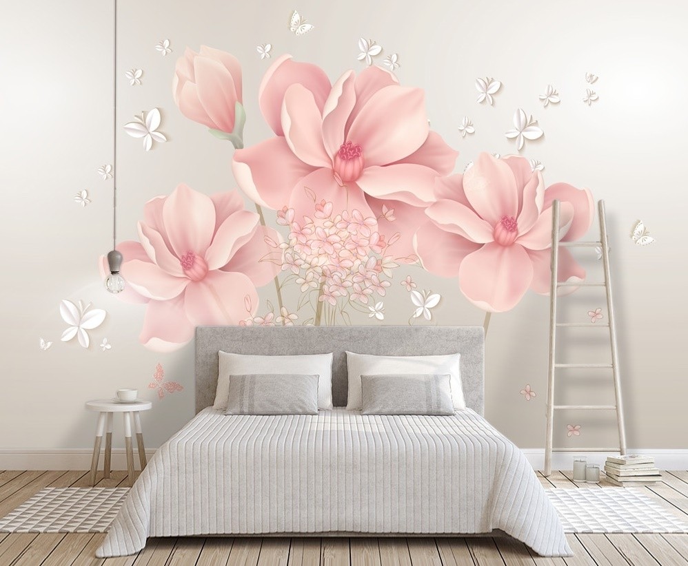 Pink Hdrangea Floral with Little Butterfly Wallpaper Mural