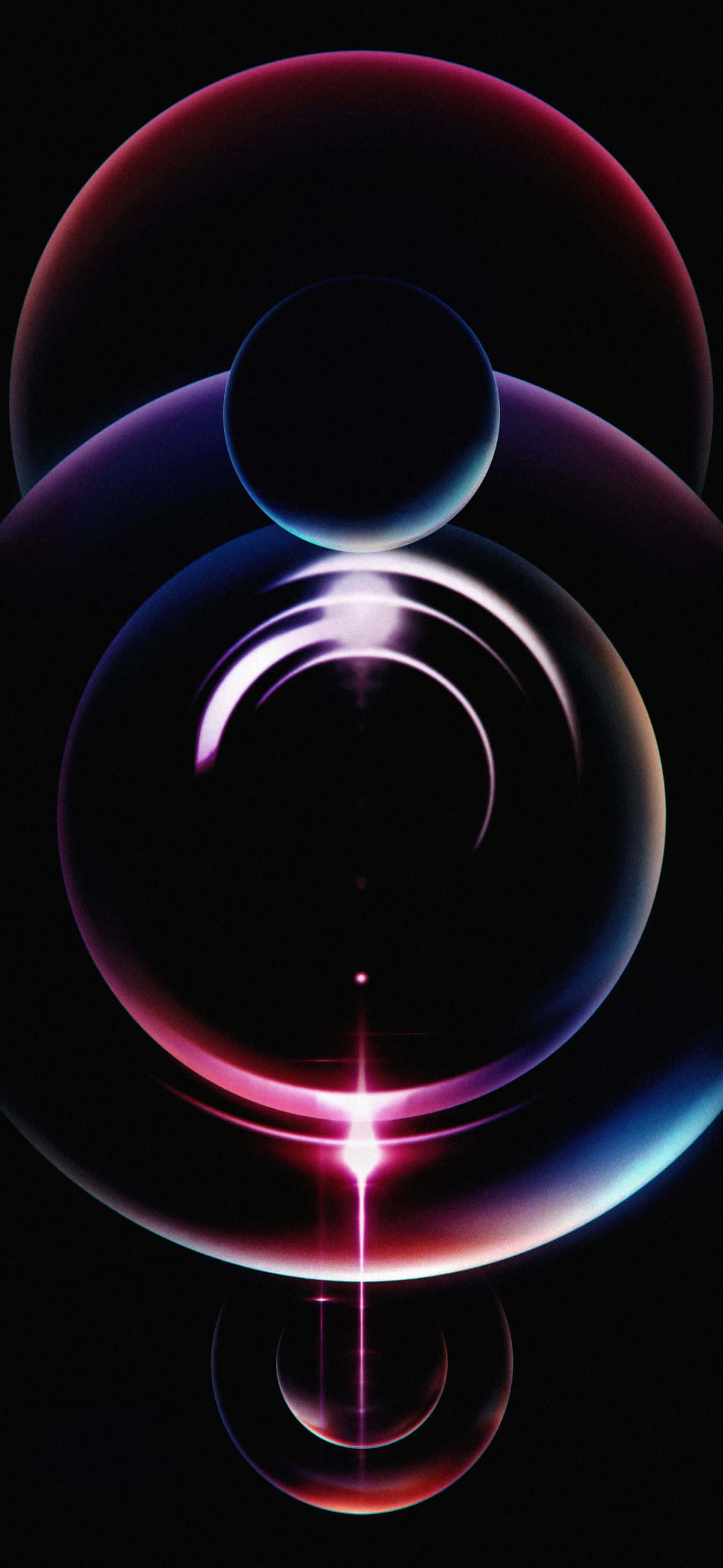 Abstract iPhone 14 Pro Max wallpaper with colorful overlapping circles and light flares on a dark background