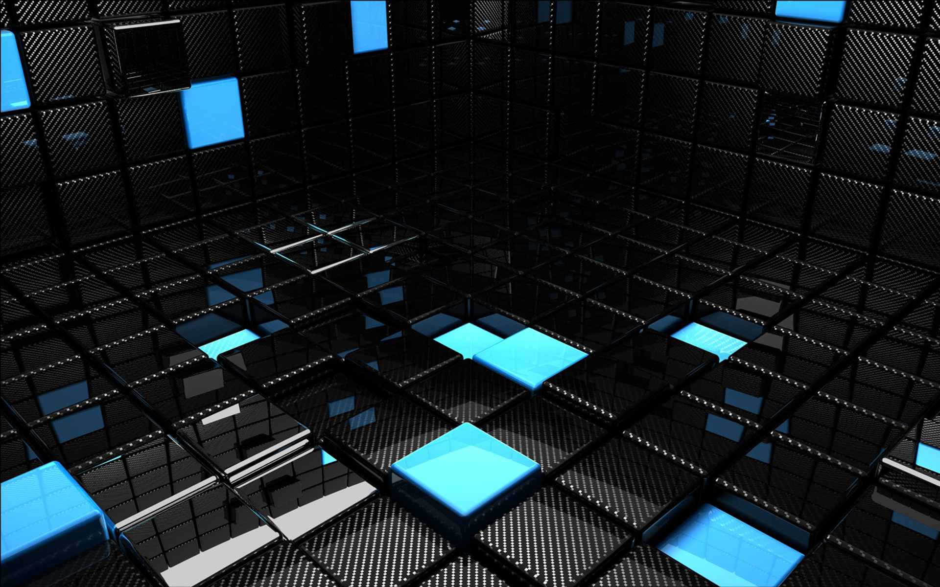 3D render of black carbon fiber cubes with glowing blue accents, creating an abstract and futuristic computer background