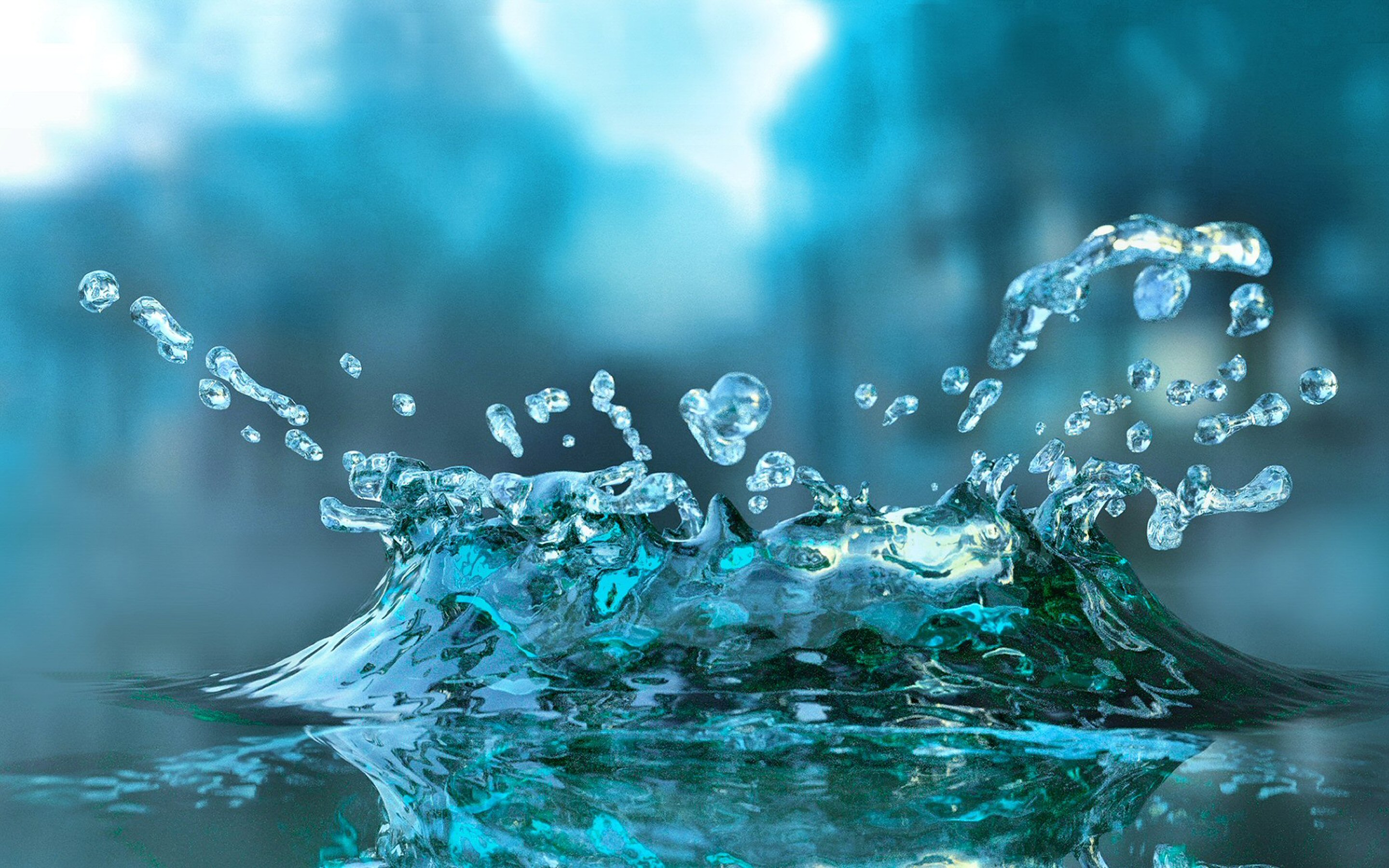 Close-up of a dynamic water splash with droplets, showcasing its vibrant teal color and translucent nature against a blurred blue backdrop