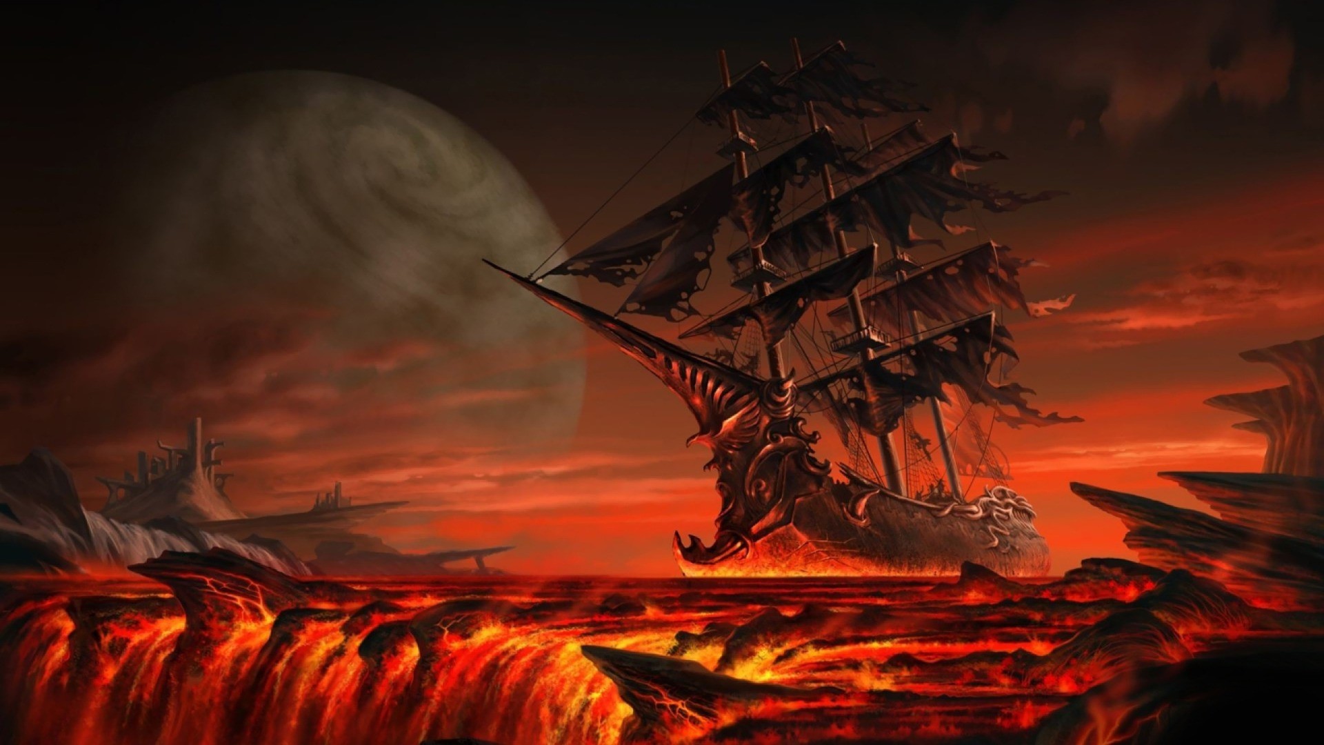 Floating Lava Ships Fantasy Art Sail Ship Ghost Sailing