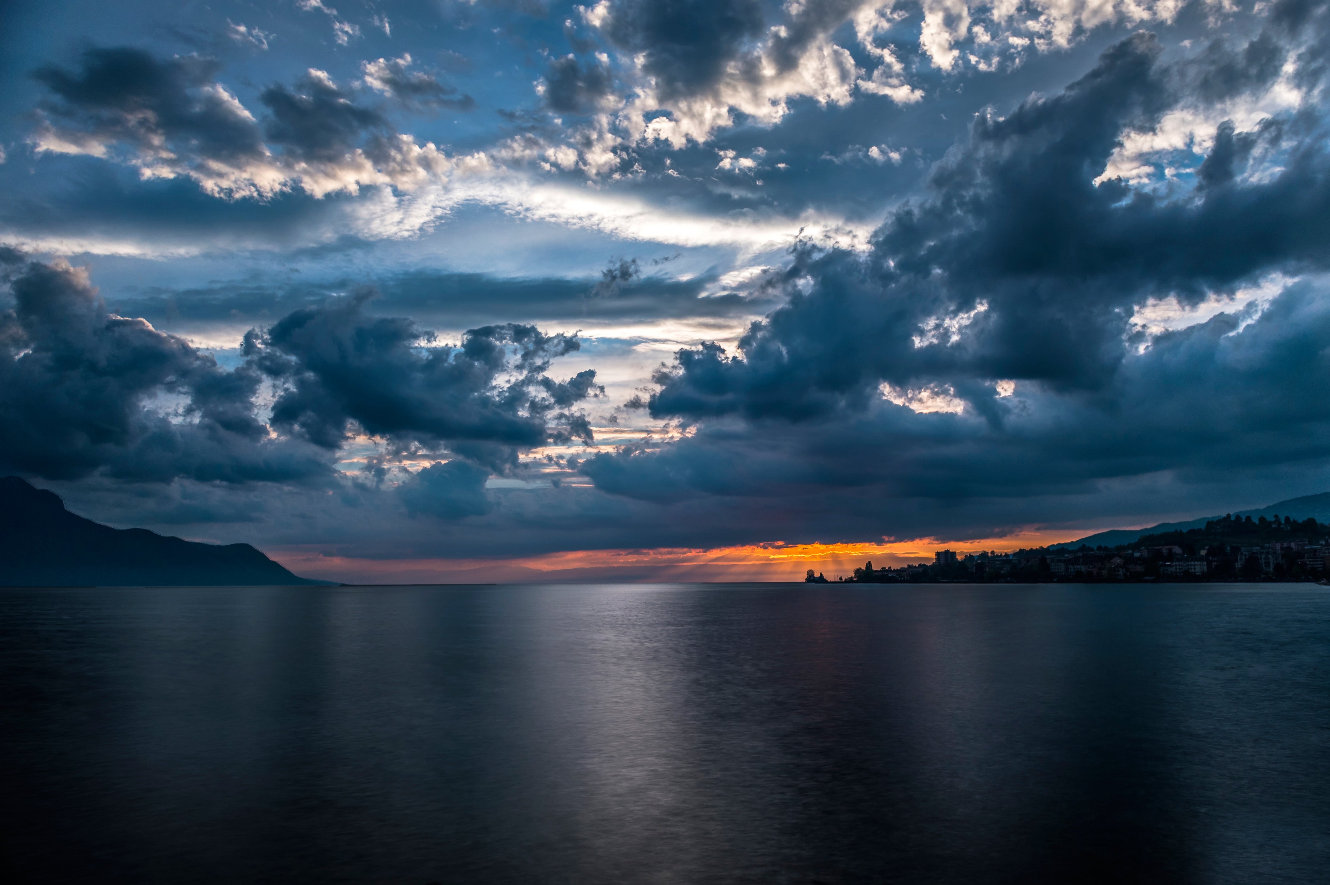 Lake Geneva Switzerland The City Of Montreux Sky Clouds