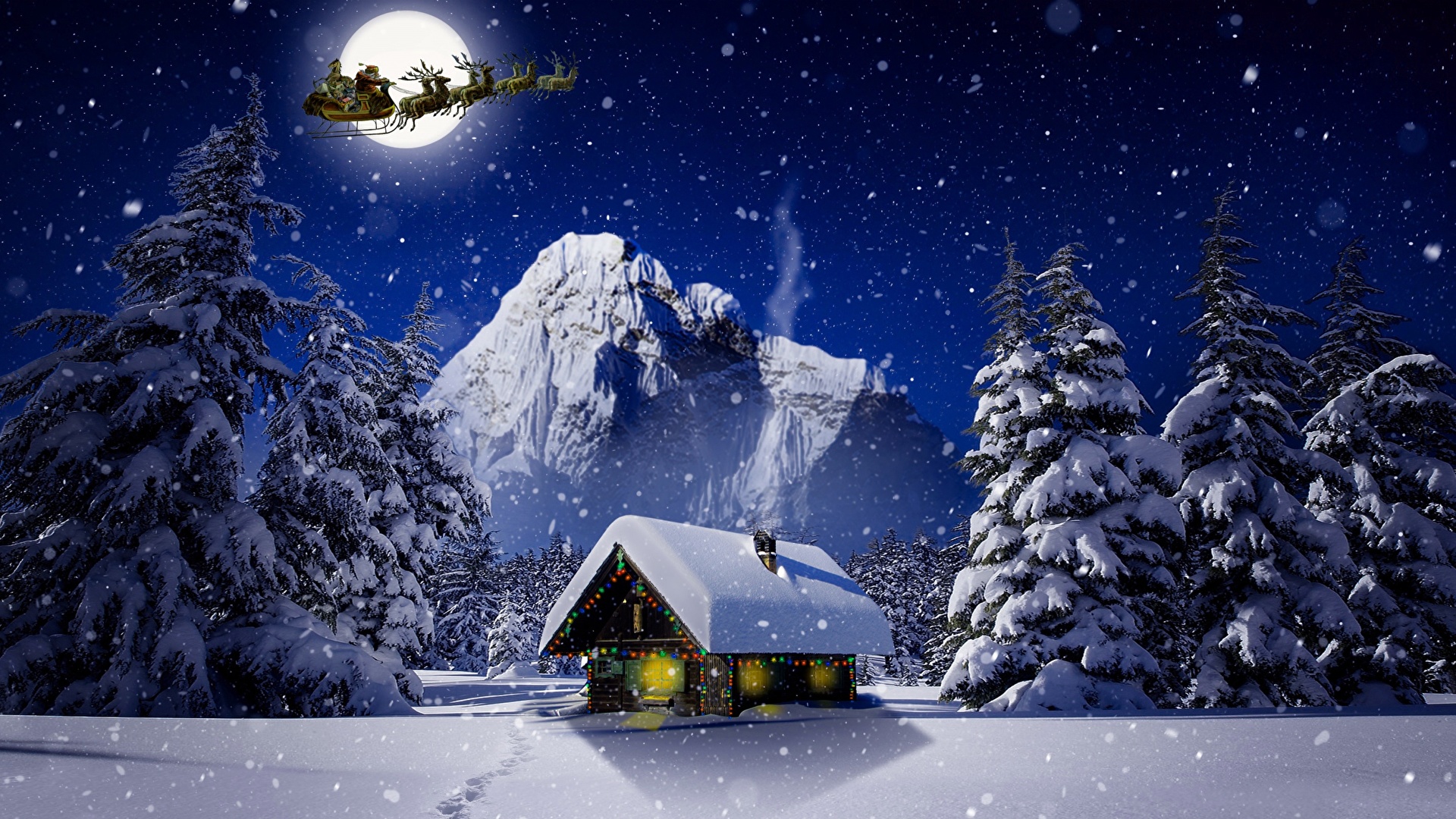 Images Deer Christmas sleigh Nature Winter Moon Snow night 1920x1080