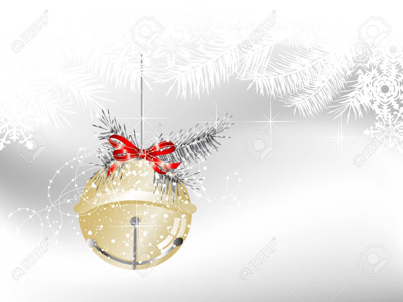 Golden Jingle Bell On White Background With Snowflakes Royalty