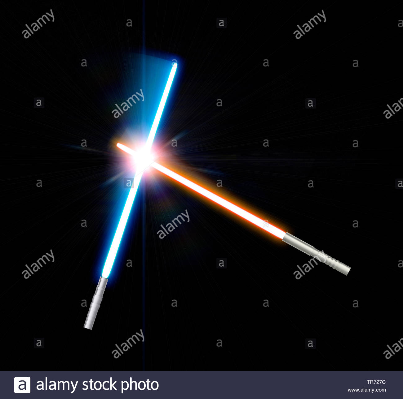 3d Puter Graphic Red And Blue Lightsaber Against Black