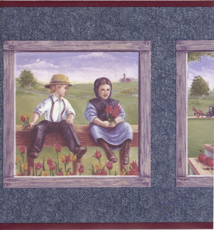 Amish Pennsylvania Dutch Country Boy Girl Buggy Folk Art Wallpaper