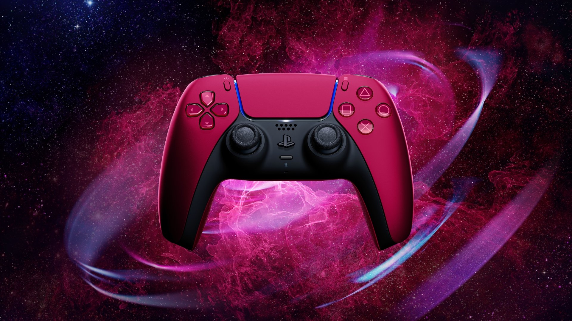 A vibrant, magenta PlayStation 5 DualSense controller floats against a backdrop of swirling pink nebulae and a starry expanse, creating a dynamic and cosmic gaming aesthetic