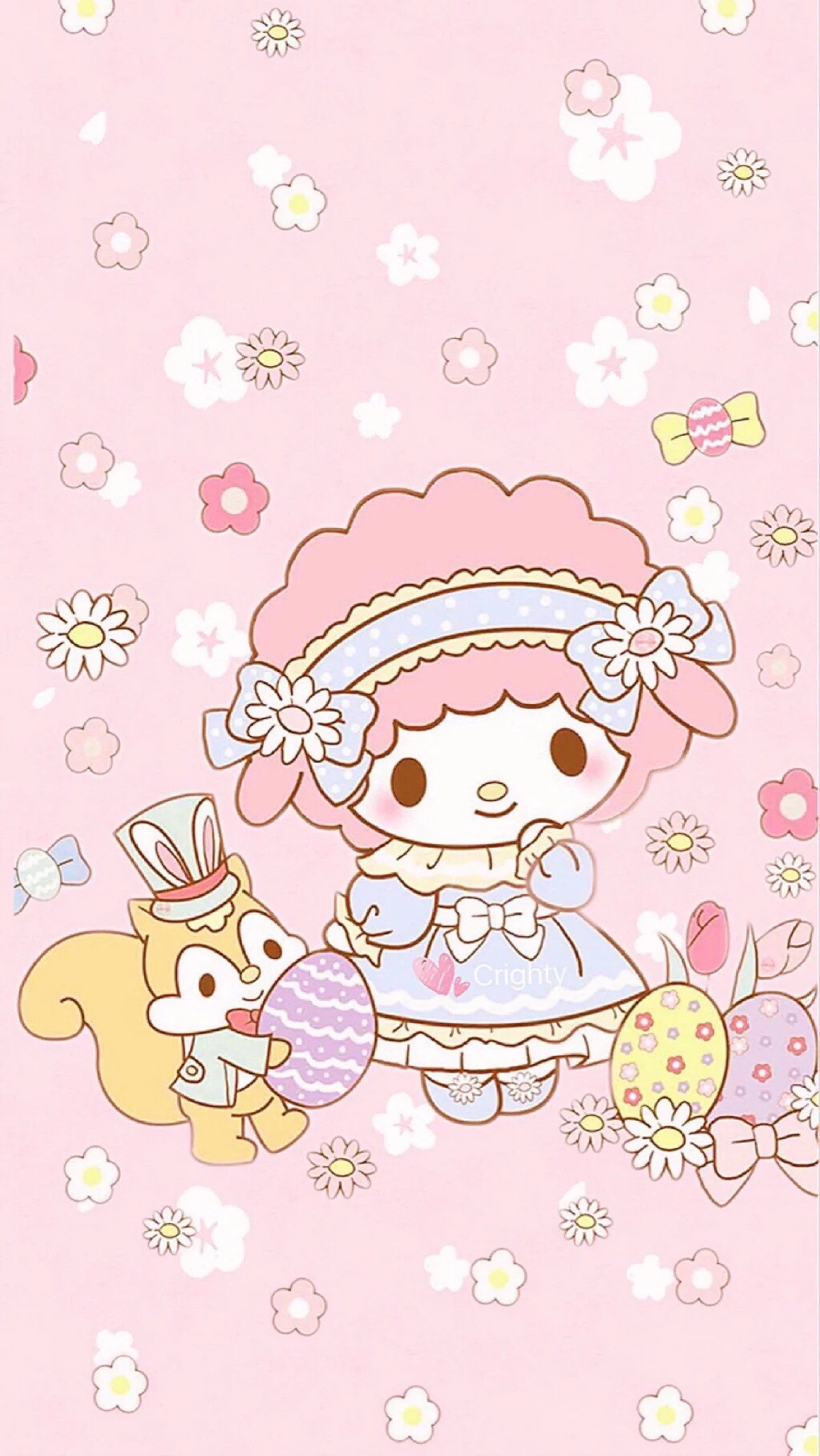 A whimsical Sanrio Easter wallpaper featuring a pink lamb character in a frilly dress with a matching bow, holding a pastel-colored Easter egg. A friendly squirrel dressed in an Easter bunny costume stands beside her, also holding a decorated egg. The background is a soft pink adorned with small, colorful flowers and candy, creating a cheerful and festive scene