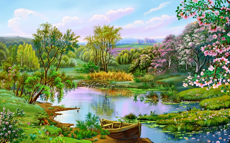 Boat Flower Lovely Garden Nature Lakes HD Desktop Wallpaper