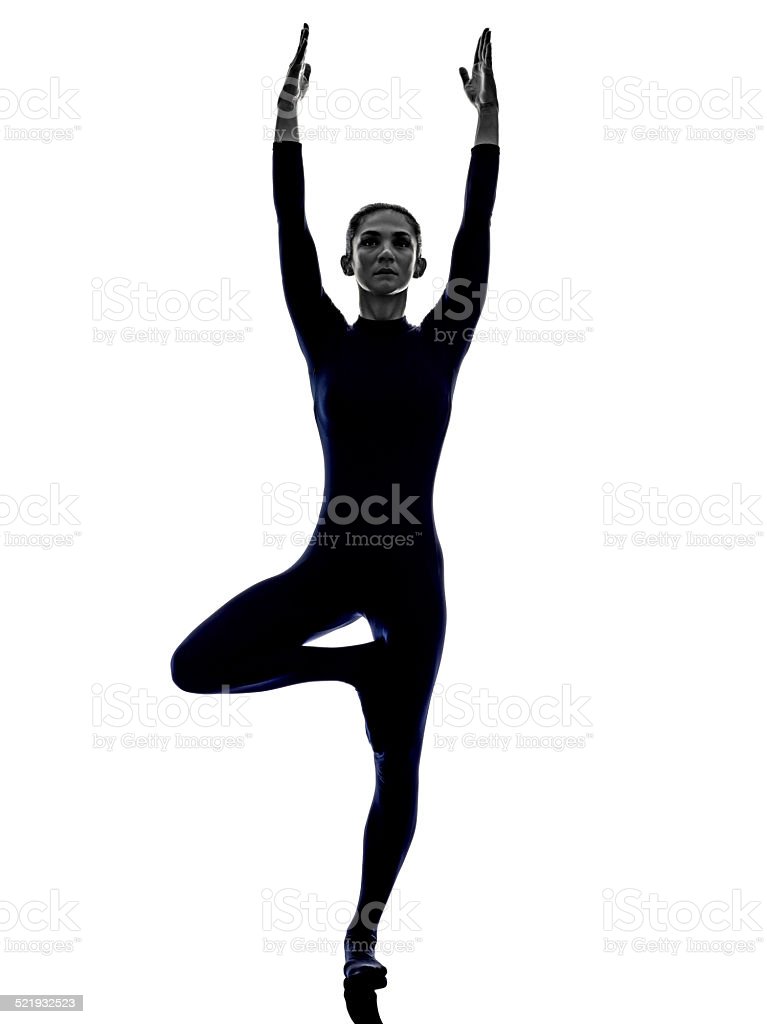 Woman Exercising Vrksasana Tree Pose Yoga Silhouette Stock Photo