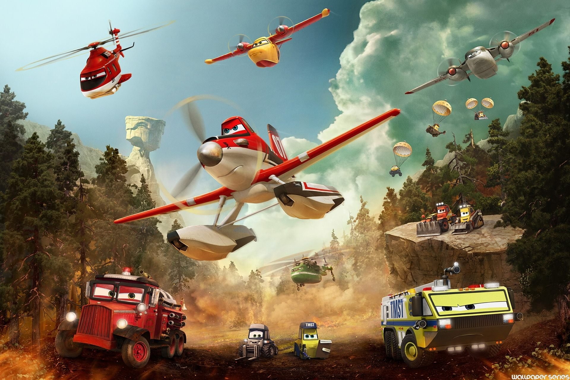 Animated scene from Disney's 'Planes: Fire and Rescue' featuring various aircraft and rescue vehicles combating a wildfire