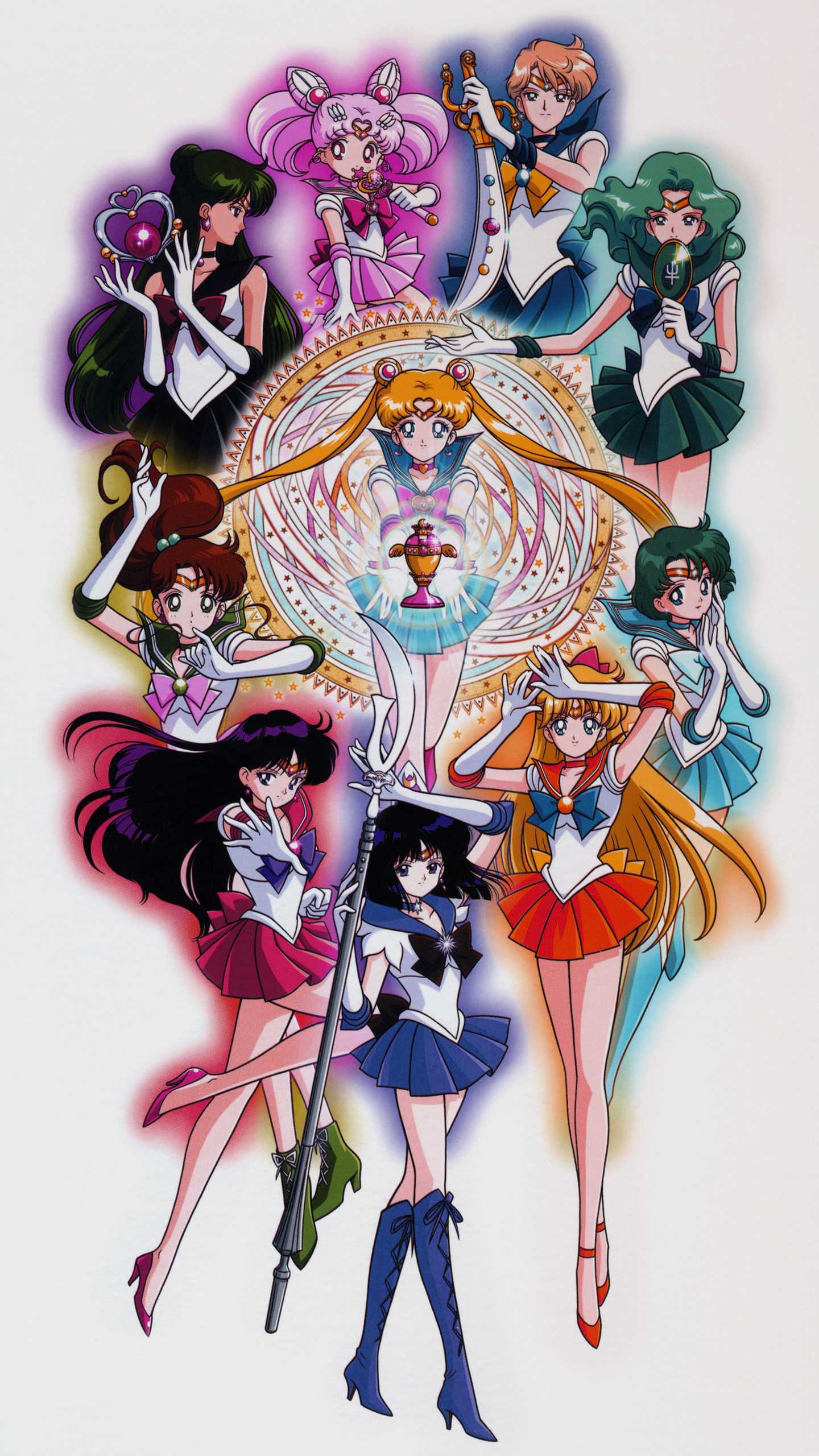 Group illustration featuring Sailor Moon and the Inner Sailor Senshi, showcasing vibrant colors and dynamic poses