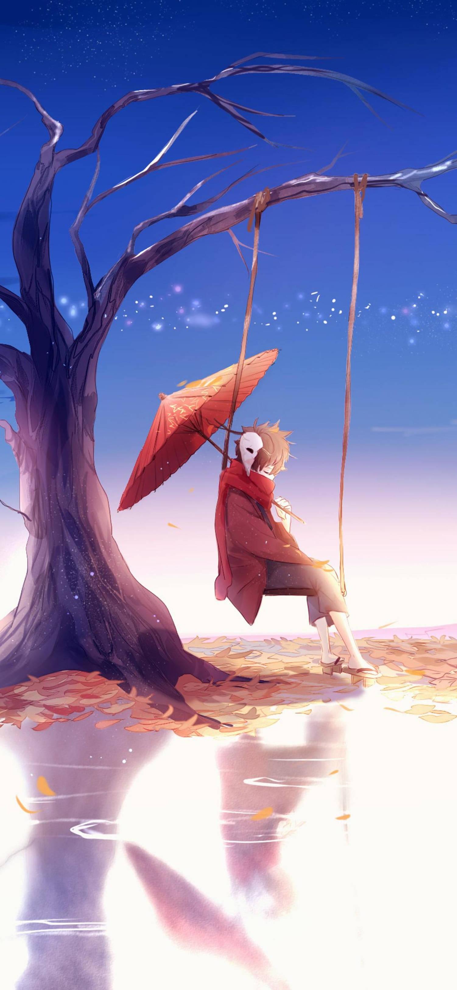 Download 4K Anime IPhone Swing Boy With Umbrella Wallpaper