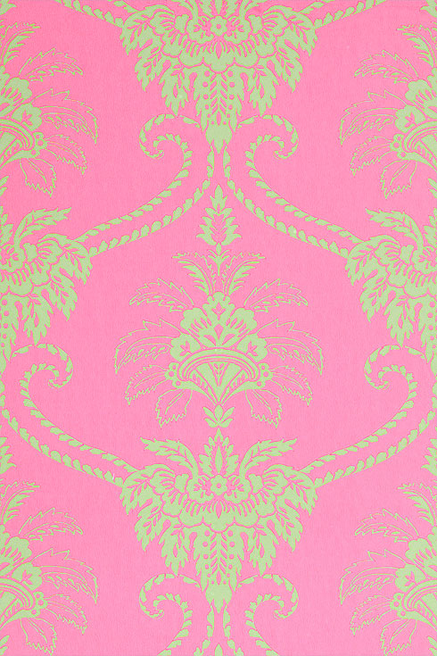 French Wallpaper Wild Flora Damask Pink Green