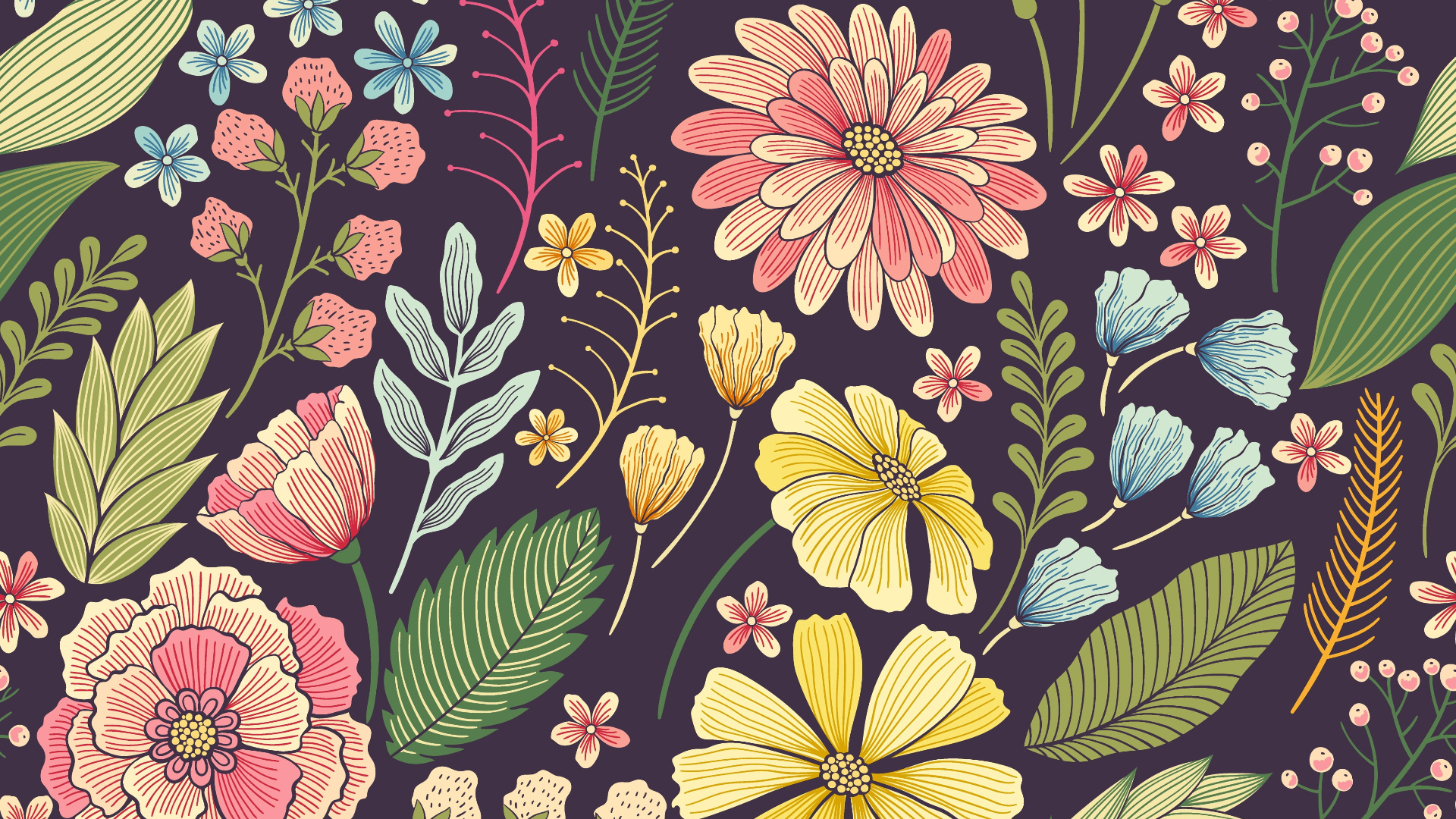 Assorted Color Flowers Illustration Pattern HD Floral Wallpaper