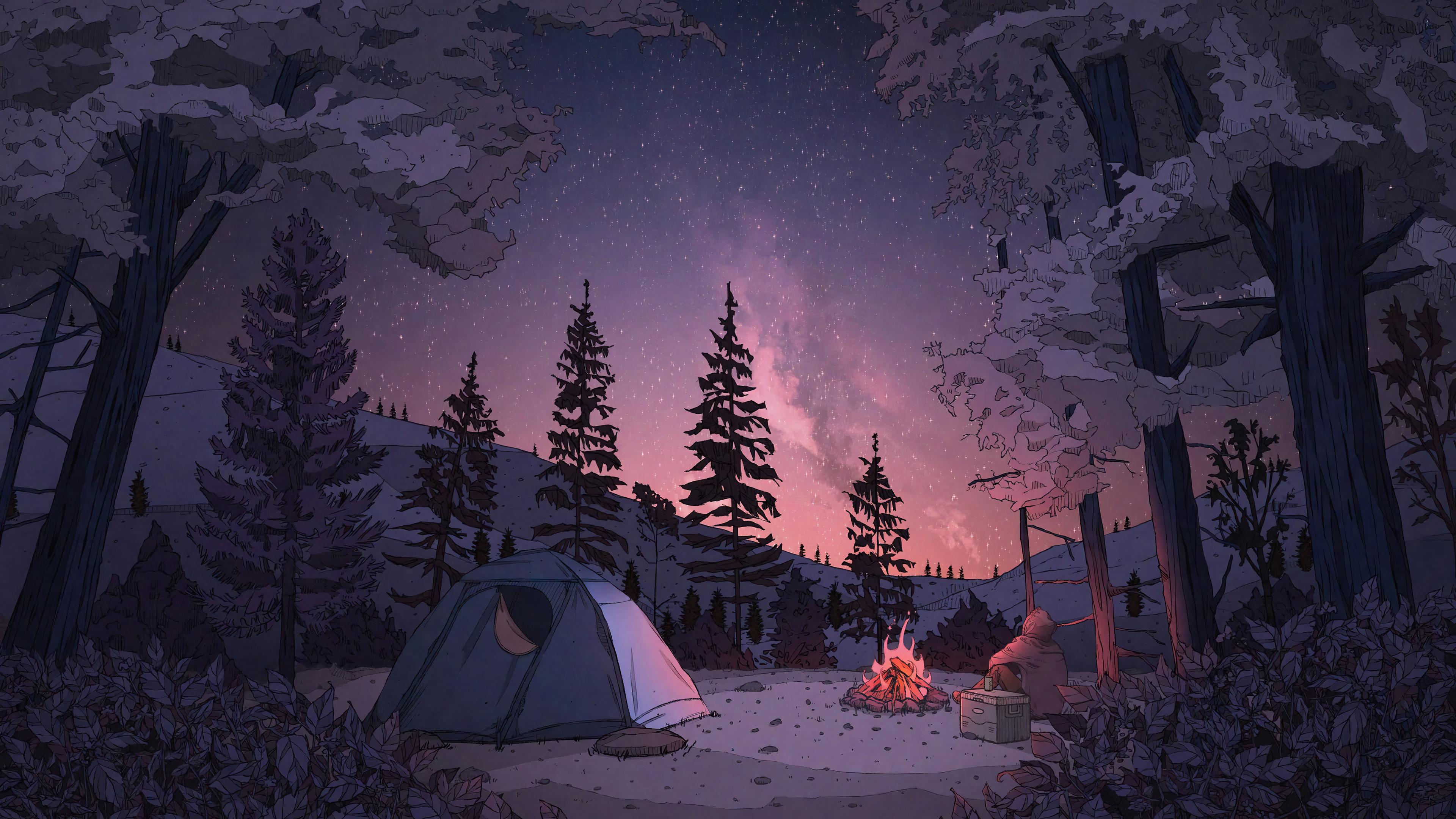 Camping Alone Bonfire Forest Tent Chillhop Lofi Scenery 4k