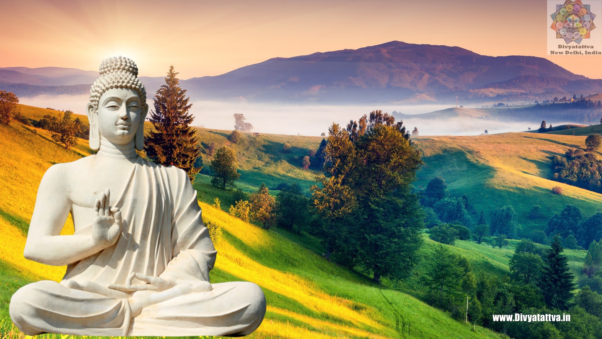Serene Buddha Statue Amidst Rolling Hills